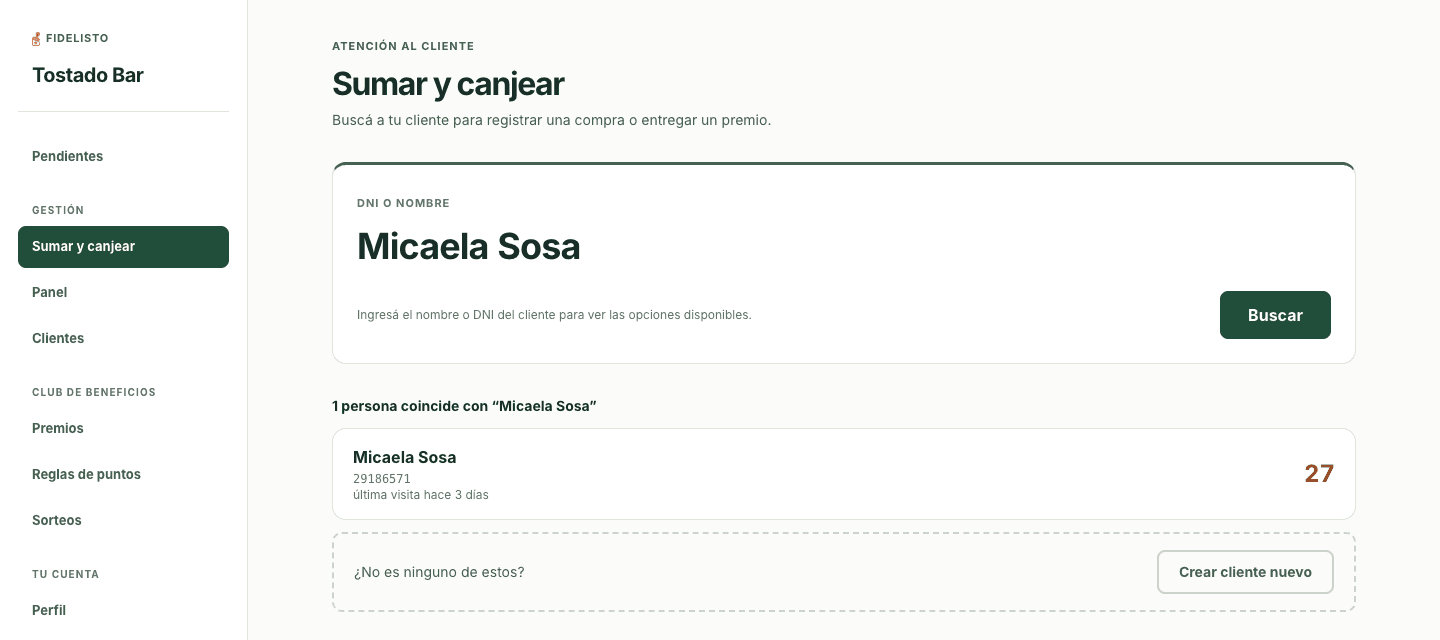 Mostrador de Fidelisto: búsqueda de clientes y registro de consumos